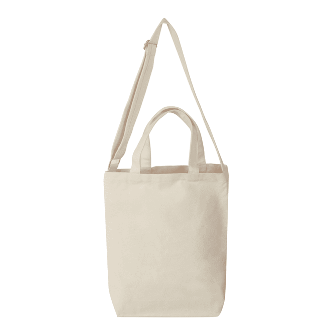 A cream tote bag with two handles and an adjustable shoulder strap, featuring a logo on the front.
