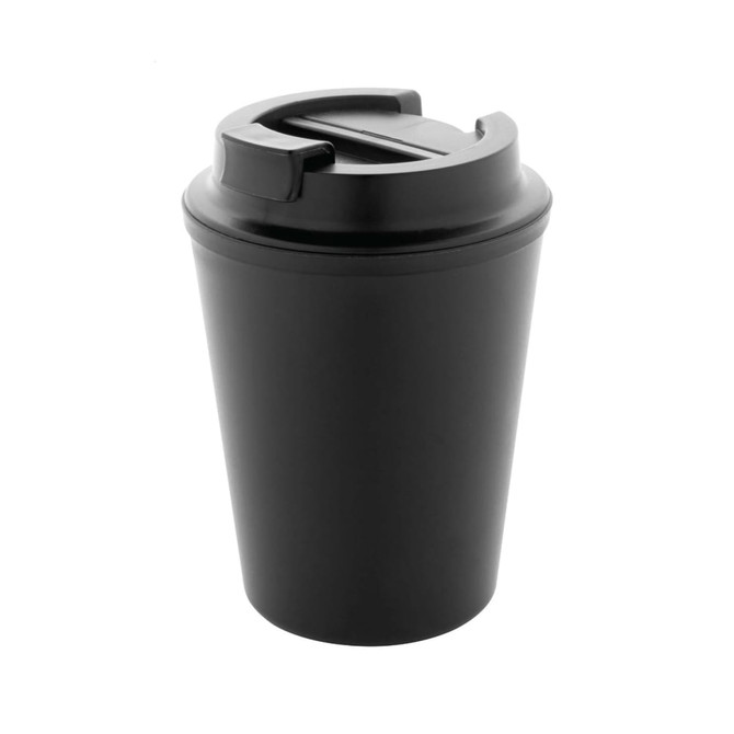 A black thermo cup with a secure lid and a drinking slot, featuring a logo.