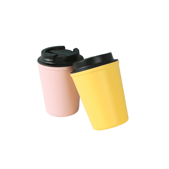 A drink bottle featuring a pink and a yellow thermos cup with black lids, both with a sleek design and a logo.