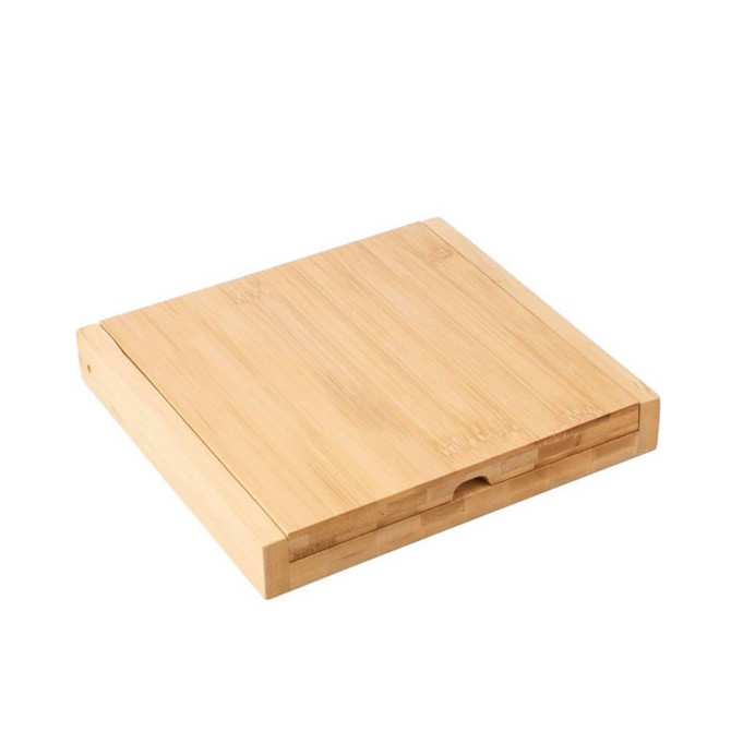 A bamboo cheese board set featuring a sleek, natural finish with a storage compartment. It includes a logo branding.