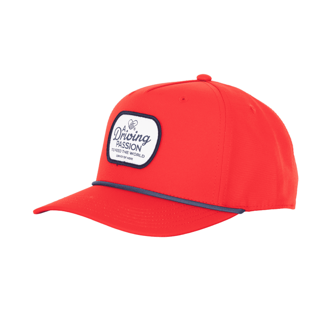 A red 5-panel polyester cap featuring a custom braid and a logo patch on the front.
