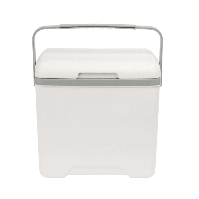 A portable 13L cooler box in white with a grey handle, featuring a simple design and sturdy construction.