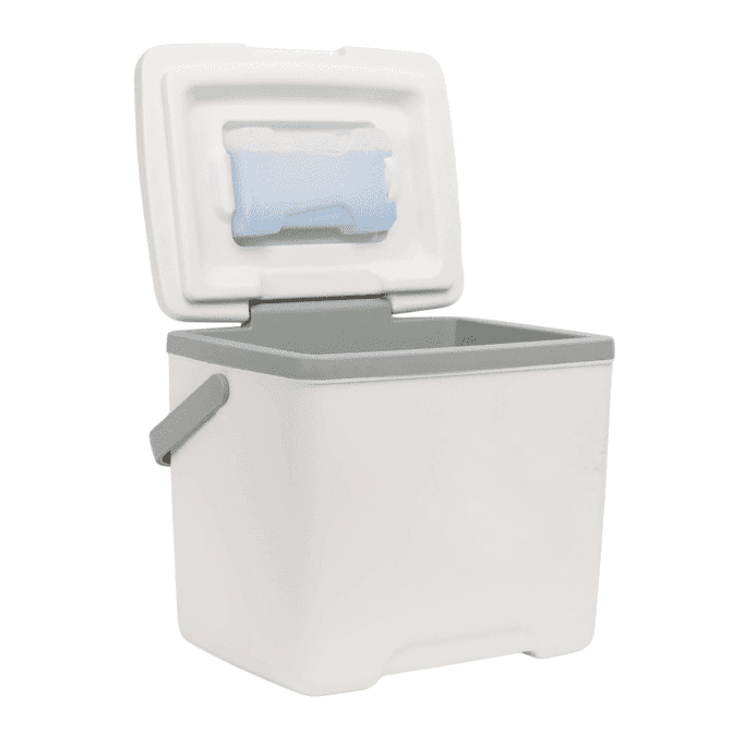 A white 13L cooler box with a grey handle and a lid, featuring a blue ice pack inside.