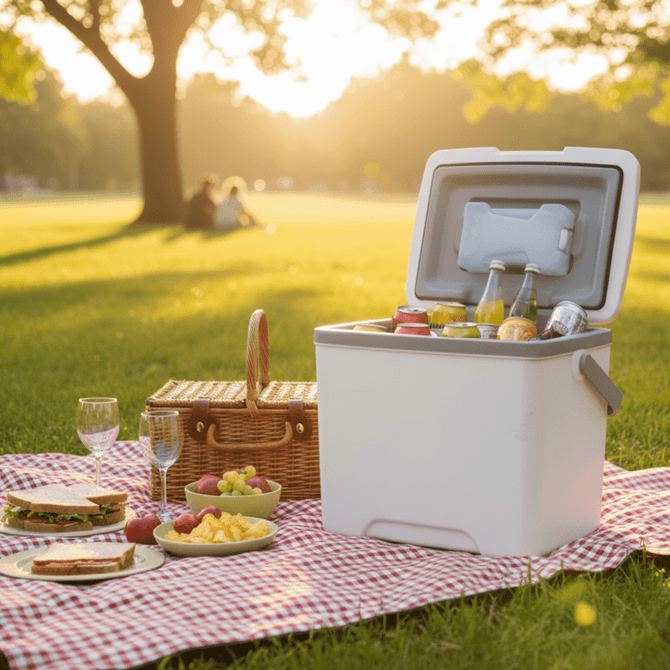 A 13L white cooler box on grass with drinks inside, surrounded by food and picnic items. It has a branding logo.