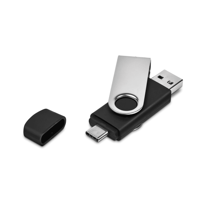 A black and silver swivel flashdrive with a removable cap, featuring USB and USB-C connectors.
