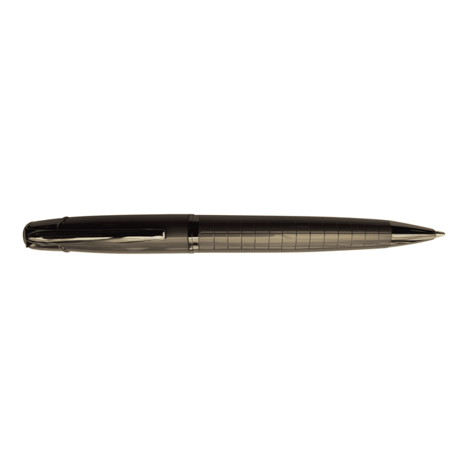 A metal pen in a sleek, dark grey finish with a textured grid design and a shiny clip.