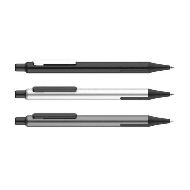 Three metal pens in black, silver, and grey, featuring clips and a sleek design. Each pen has a branding logo.