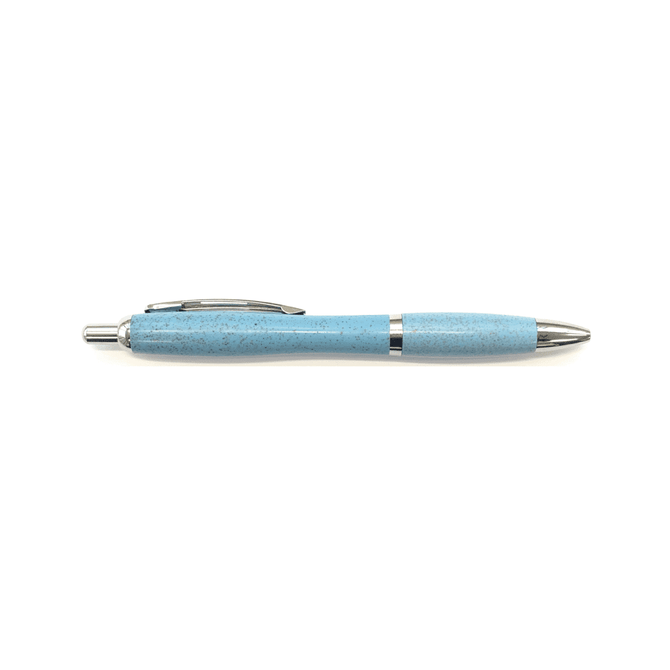 A blue pen with a textured finish and shiny silver accents. It features a clip and a logo.