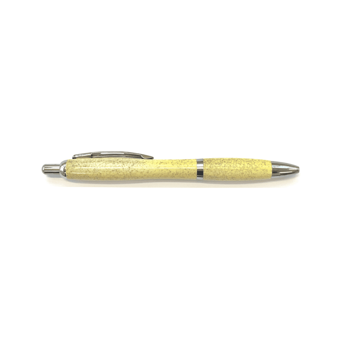 A yellow pen with a textured body and silver accents. It features a branding logo on the barrel.