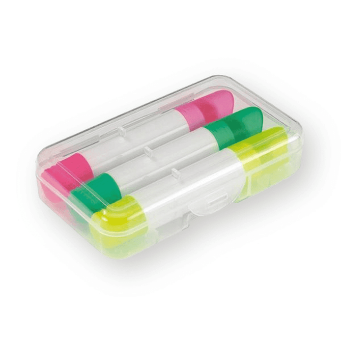 Three-piece wax highlighter set in a clear case; features pink, yellow, and green highlighters.