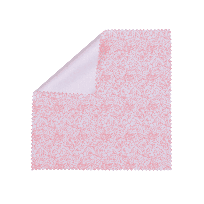 A pink microfibre cleaning cloth with a floral pattern, featuring a scalloped edge. It has a logo on one side.