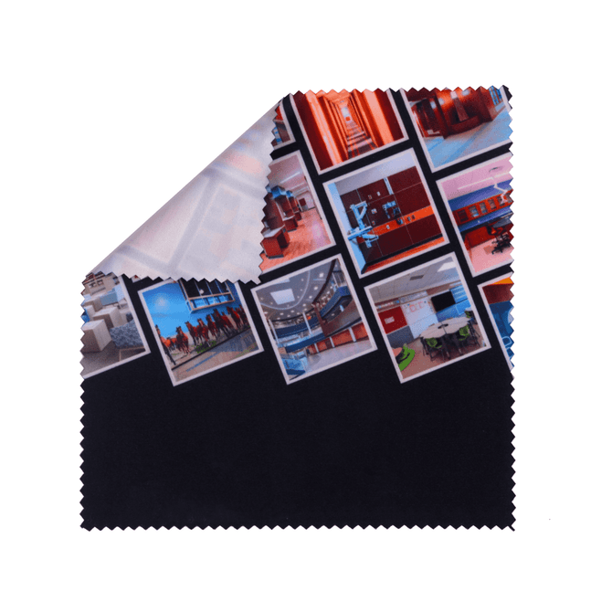 A small microfibre cleaning cloth featuring a colourful design with images and a black border. It has a logo.