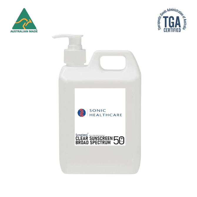 A 1L white pump bottle of SPF 50 sunscreen lotion with branding and certification logos.