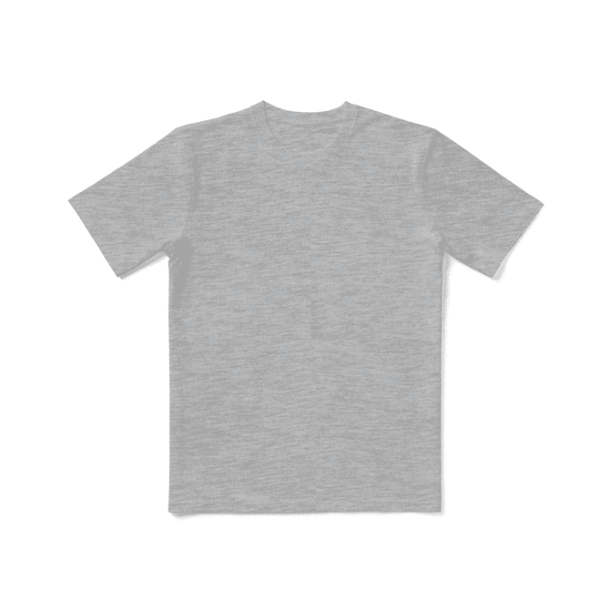 A grey T-shirt displayed flat with a simple design and a logo in the corner.