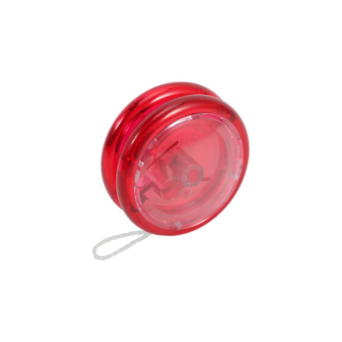 A red yoyo featuring a transparent design with a string attached. It has a circular shape and a glossy finish.