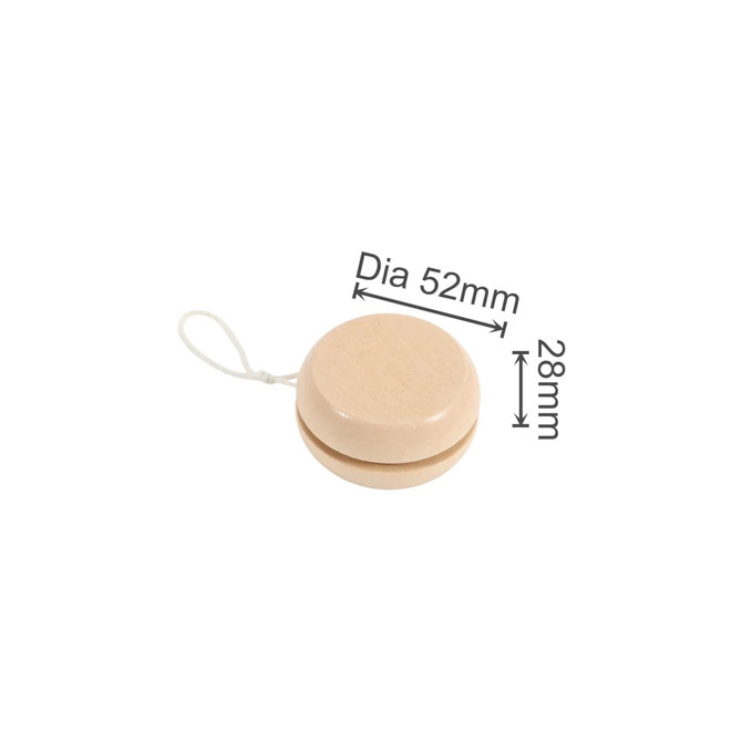 A wooden yoyo in light wood with a diameter of 52mm and a height of 28mm, featuring a string attached.