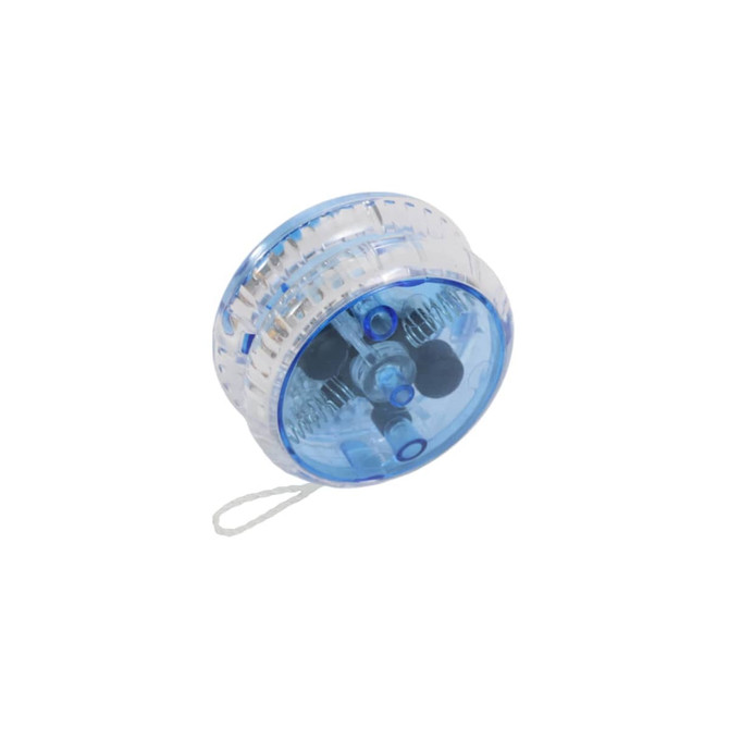 A blue translucent yoyo with internal light features and a string for playing.