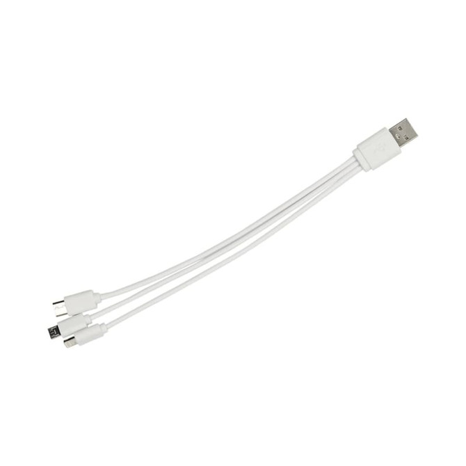 A white multi charge cable with a USB connector and three compatible charging ends. It has a branding logo.