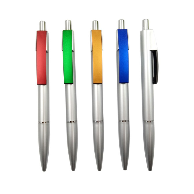 Five Colourful Abs ballpoint pens in silver with red, green, orange, blue, and black accents. Each pen features a clip and branding.