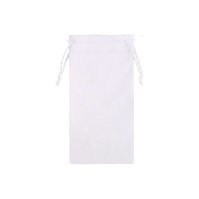 A white RPET lens pouch with a drawstring closure, featuring a simple and minimalist design.