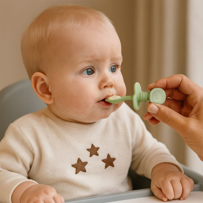 A green silicone spoon being used to feed a baby sitting in a high chair, wearing a beige top with brown stars.