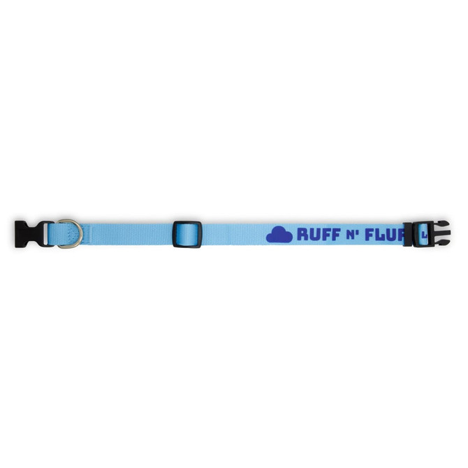 A woven dog collar in light blue with black buckles and a logo, featuring the text "RUFF N' FLUFF".