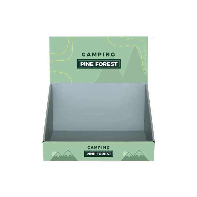 A corrugated cardboard counter display featuring a green design with mountain graphics and a branding logo.