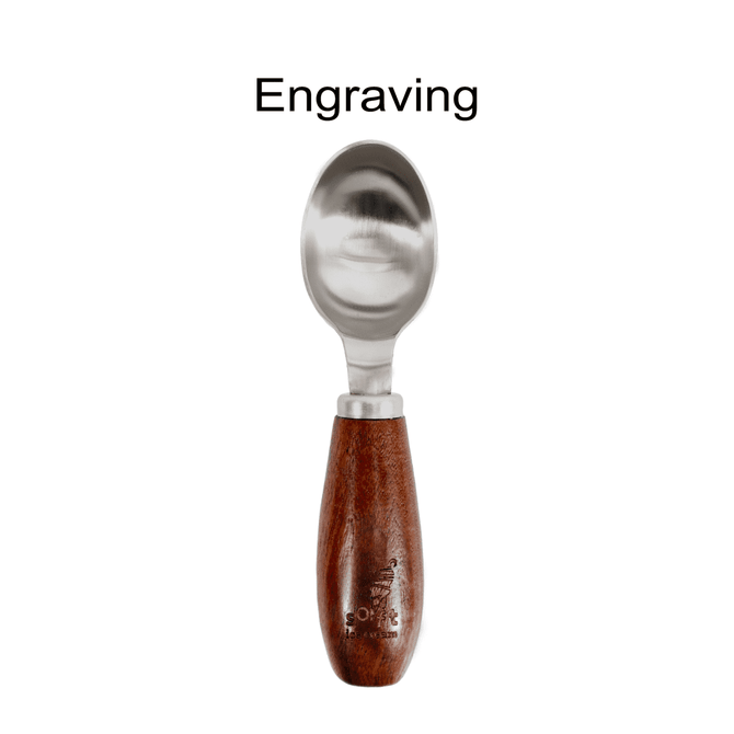 A stainless steel ice cream scoop with a smooth wooden handle and a logo engraving.