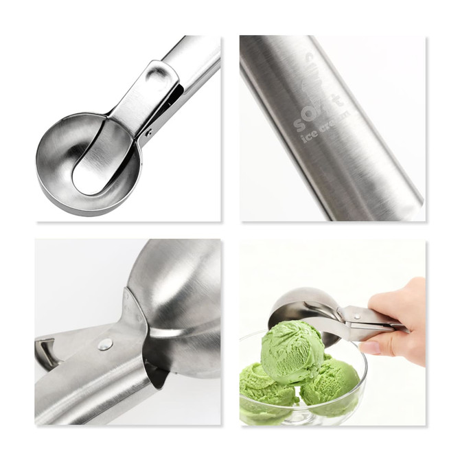 A stainless steel ice cream scoop featuring a smooth design and a handle for easy use, with a logo present.