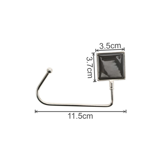 A square black desk hook with a shiny silver metal arm, measuring 11.5 cm in length, 3.5 cm wide, and 3.7 cm tall.