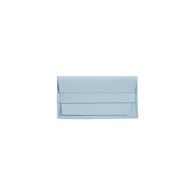 A light blue PU leather glasses pouch with a flap closure and a logo.