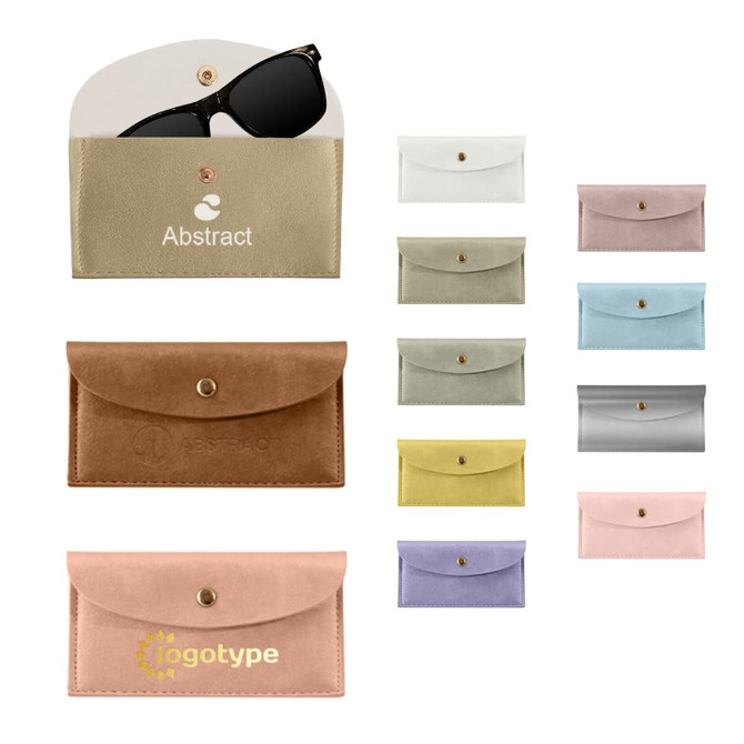 A collection of PU leather glasses pouches in various colours, featuring a logo on some.