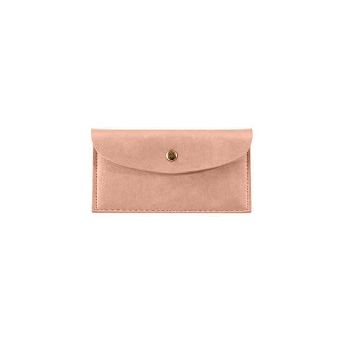 A pink PU leather glasses pouch with a gold snap closure, featuring a smooth texture and a simple design.