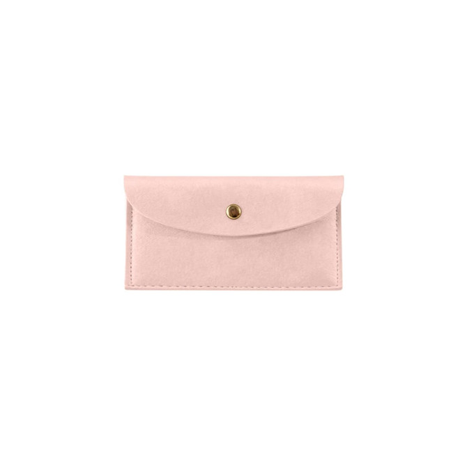 A pink PU leather glasses pouch with a gold snap closure and a smooth finish. Includes a logo on the surface.