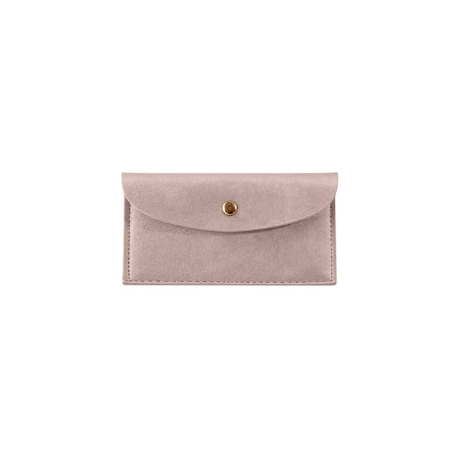 A pink PU leather glasses pouch with a snap closure and a subtle texture, featuring a small logo.