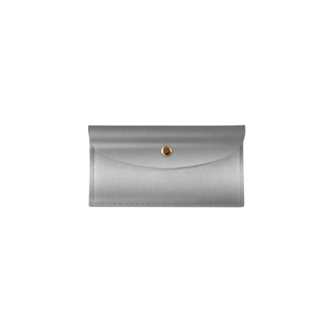 A silver PU leather glasses pouch featuring a curved flap and a gold button closure. It has a simple logo.