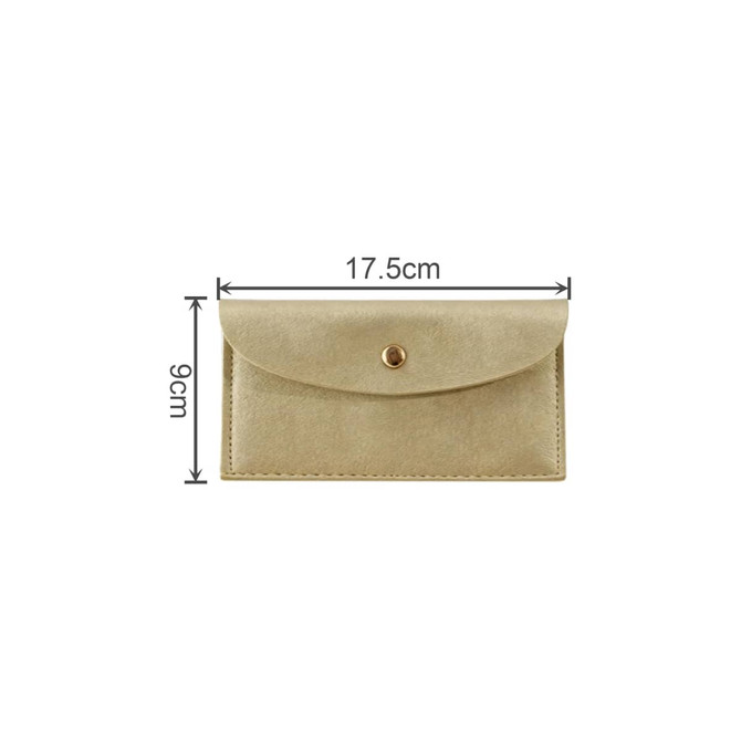 A PU leather glasses pouch in a light beige colour, featuring a button closure and measuring 17.5 cm by 9 cm.