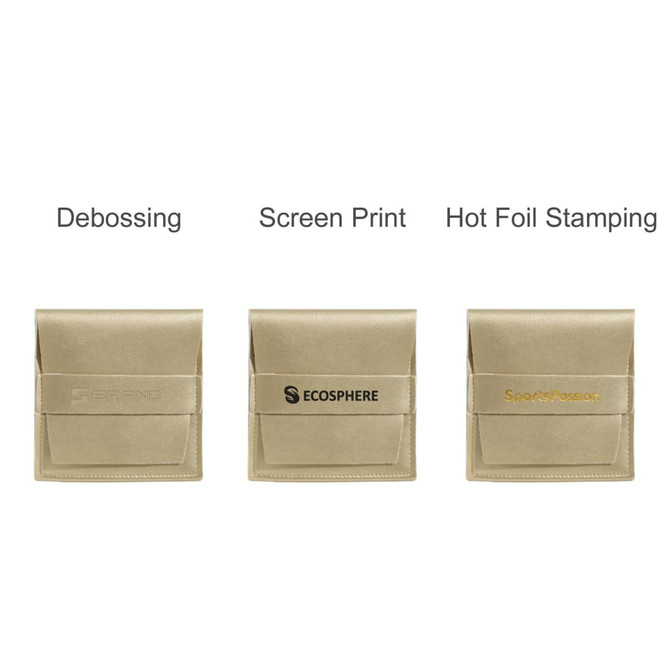 A PU leather flip jewelry pouch in beige with three branding options: debossing, screen print, and hot foil stamping.