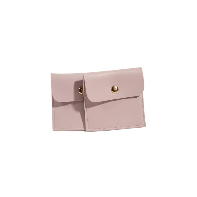 A square pale pink PU leather jewelry pouch with a button closure and stitched detailing. Features a logo.