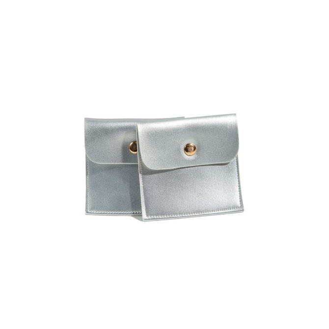A silver PU leather jewelry pouch with a snap closure, featuring a shiny finish and a metallic button.
