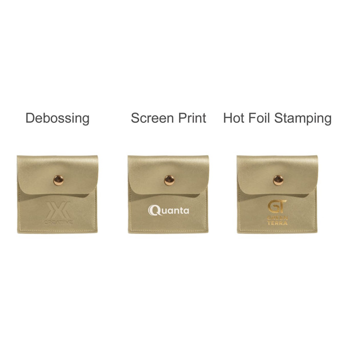 Three square PU leather jewelry pouches in gold, featuring different branding techniques: debossing, screen print, and hot foil stamping.
