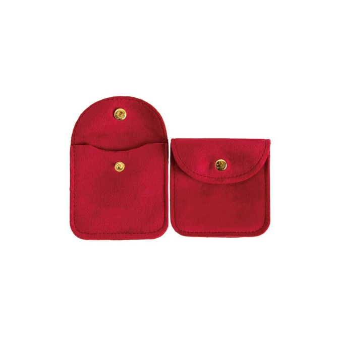 A square velvet jewelry pouch in rich red, featuring two compartments and gold snap closures.