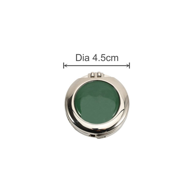 A foldable desk hook with a green mirror, featuring a silver frame. It has a round shape with a diameter of 4.5 cm.