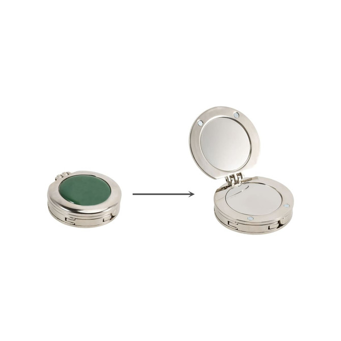 A foldable desk hook with a green surface and a mirror, featuring a stainless steel finish. It has a logo on the back.