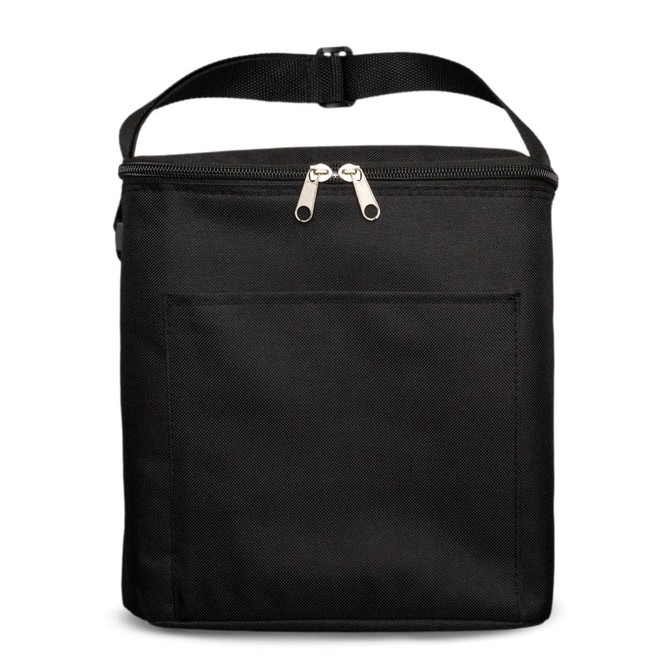 A black insulated cooler bag with a zippered top and a front pocket. It has an adjustable strap for easy carrying.