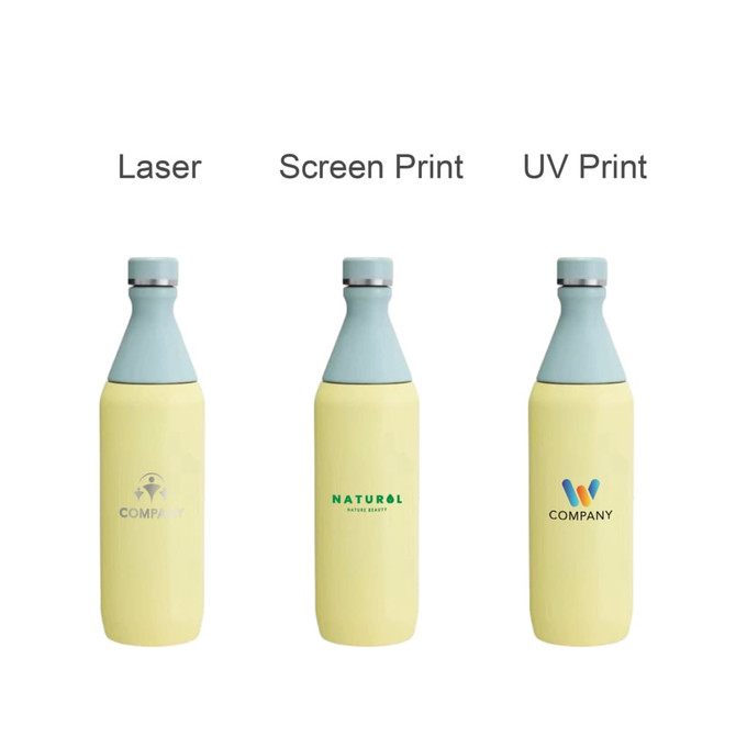 A drink bottle featuring a slim design with a yellow body and light blue lid, displaying various printing styles and logos.