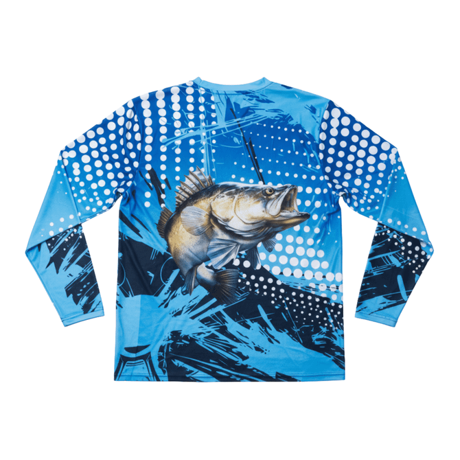 A blue long sleeve fishing tee featuring a large fish graphic and a vibrant abstract design. It has a logo.