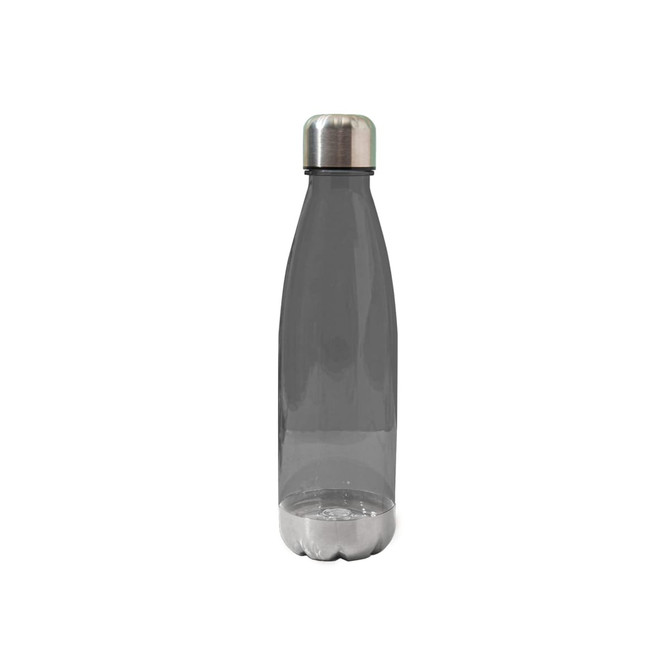A drink bottle made of translucent grey Tritan with a stainless steel cap and base, featuring a logo.