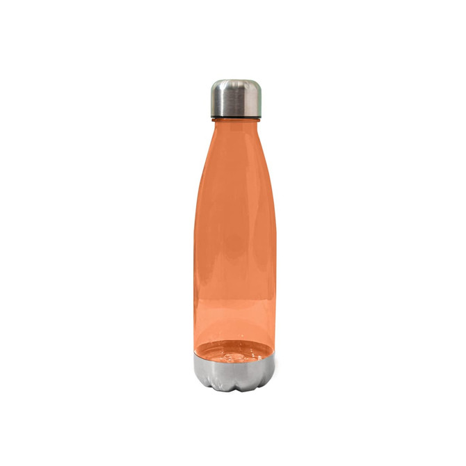 A drink bottle in translucent orange with a silver metallic cap and a logo on the body.