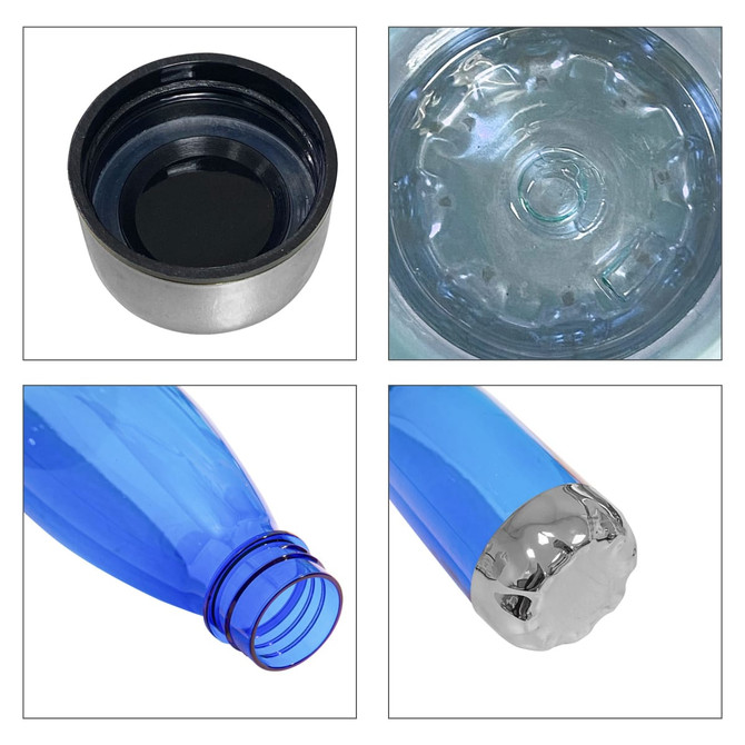 A drink bottle in translucent blue with a metallic base and a threaded opening. It features a logo on the side.